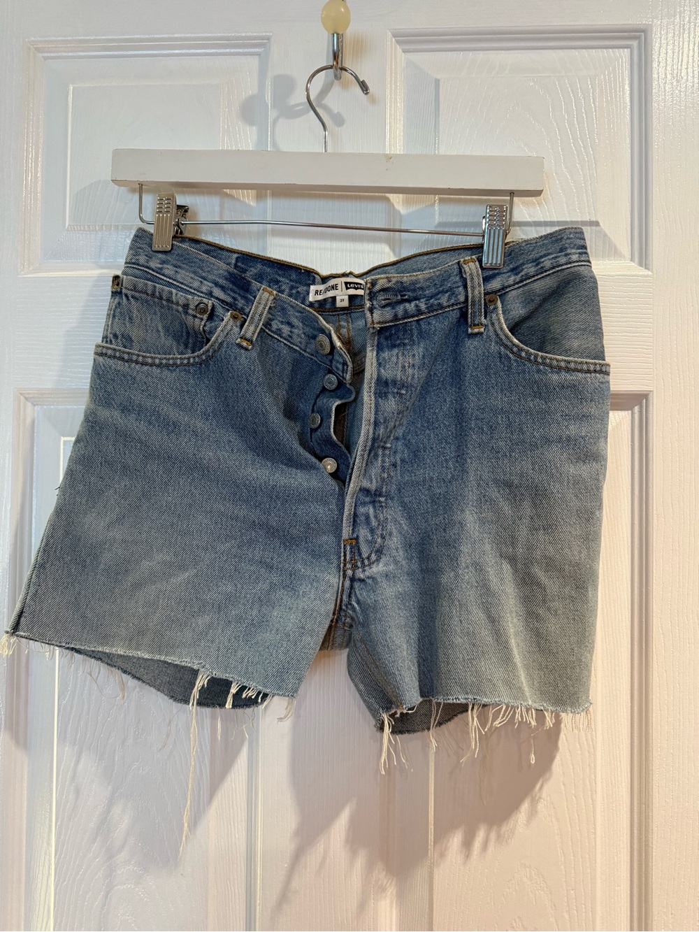 Re/Done Light Blue High-Rise Cutoff Denim Shorts